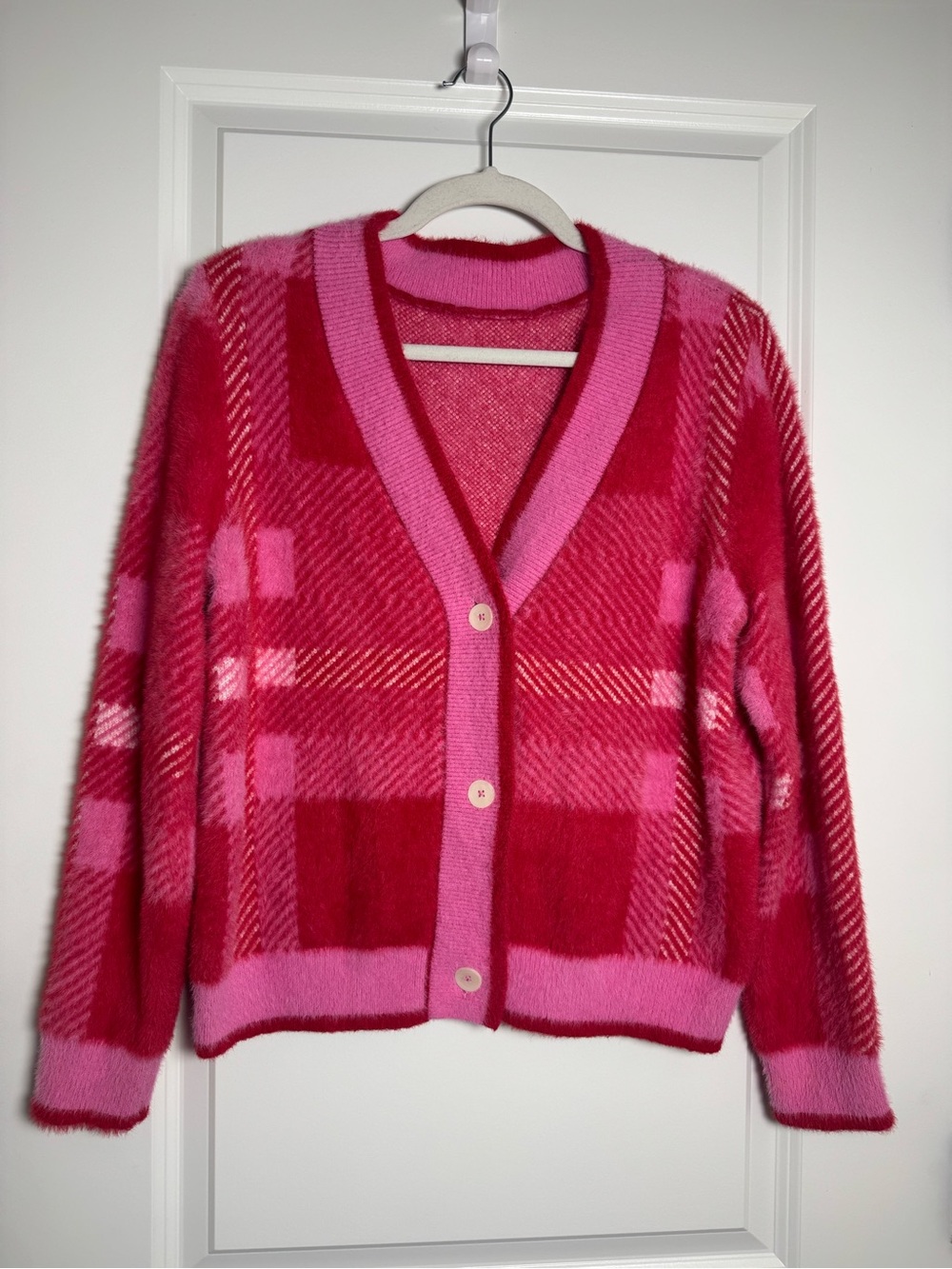 Pink & Red Plaid V-Neck Button Cardigan Sweater